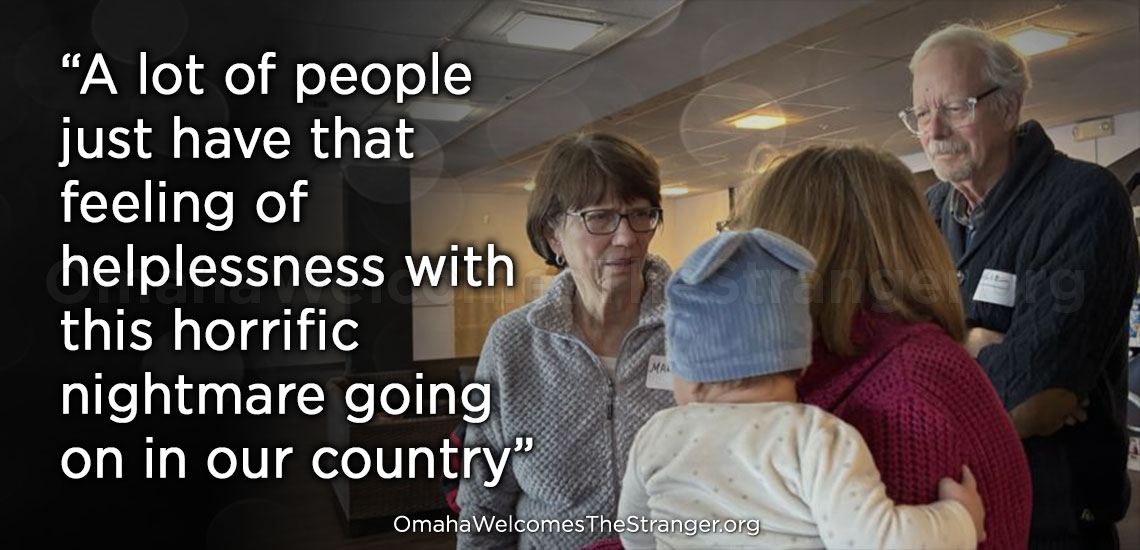 Omaha Welcomes the Stranger co-founder Margaret Hoarty, left, and new volunteer Charlie Duckworth chatted with another volunteer holding a Venezuelan couple’s baby